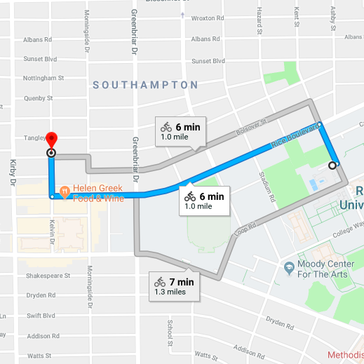 Rec Center to Rice Village - Burn some calories on your way to Rice Village. From Local Foods to Helen Greek and Coppa, there are plenty of options to refuel.