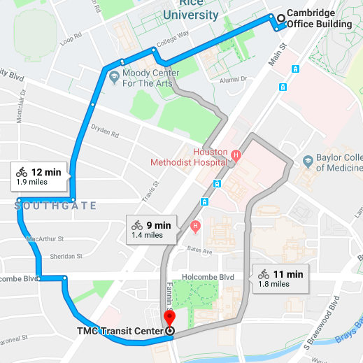 Cambridge to Med Center - Any station at Rice works as a starting point, and any station in TMC works as the destination! This particular ride ends at the TMC Transit Center.
